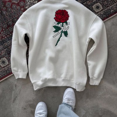 Kadın 3 iplik Pamuklu Bisiklet Yaka GÜL Baskılı SweatShirt - BeyazBeyaz
