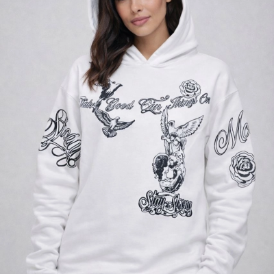 Kadın 3 İplik Pamuklu Kapüşonlu Baskılı SweatShirt hoodie - Beyaz