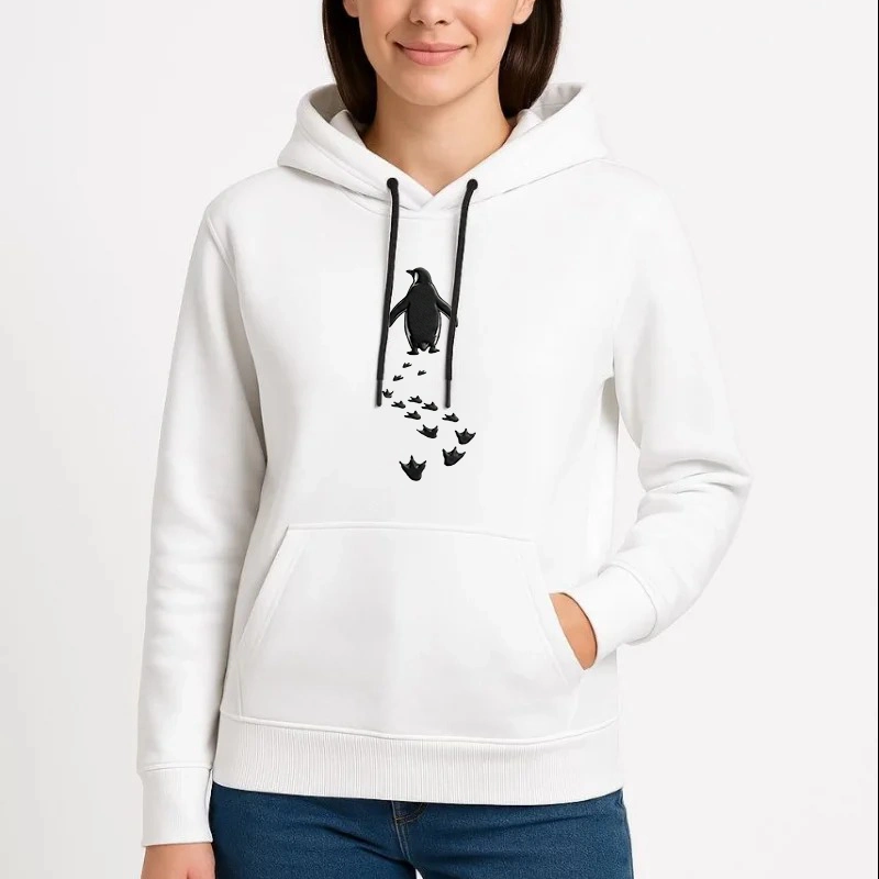 Kadın 3 İplik Pamuklu Kapüşonlu Hoodie Sweatshirt Nihilist Penguen Baskılı - Beyaz