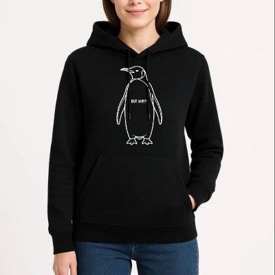 Kadın 3 İplik Pamuklu Kapüşonlu Hoodie Sweatshirt Nihilist Penguen Baskılı - Siyah