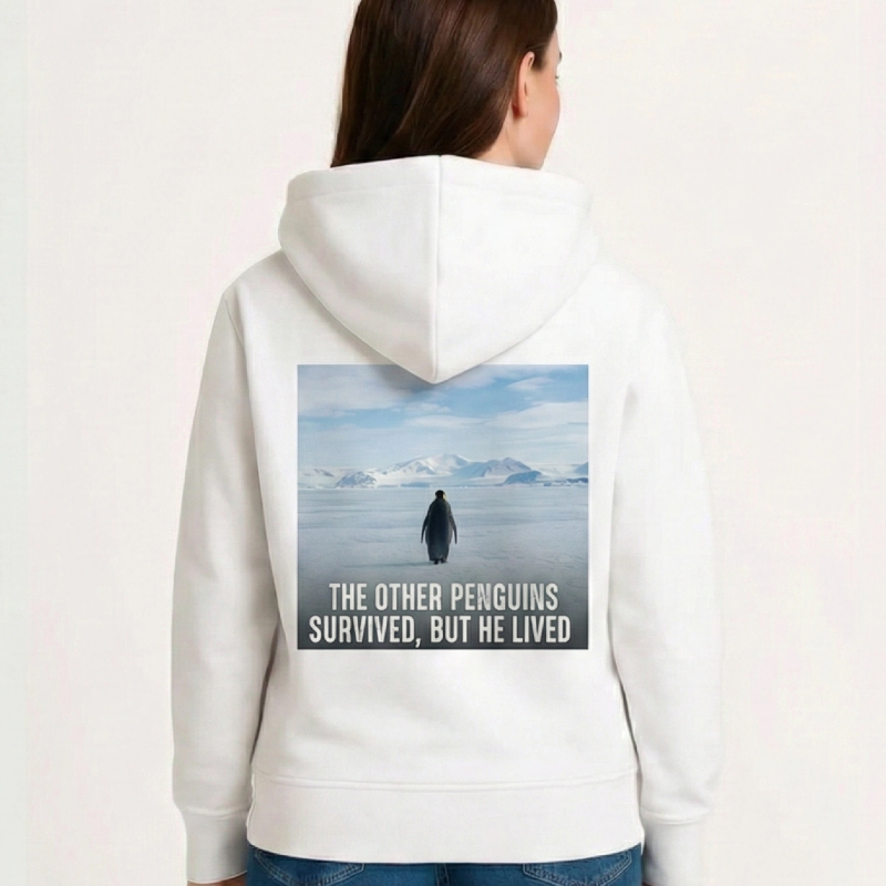 Kadın 3 İplik Pamuklu Kapüşonlu Hoodie Sweatshirt Survivor Penguen Baskılı - Beyaz