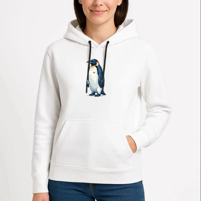 Kadın 3 İplik Pamuklu Kapüşonlu Hoodie Sweatshirt Survivor Penguen Baskılı - Beyaz