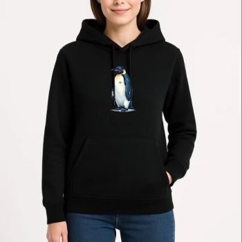 Kadın 3 İplik Pamuklu Kapüşonlu Hoodie Sweatshirt Survivor Penguen Baskılı - Siyah