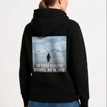 Kadın 3 İplik Pamuklu Kapüşonlu Hoodie Sweatshirt Survivor Penguen Baskılı - Siyah