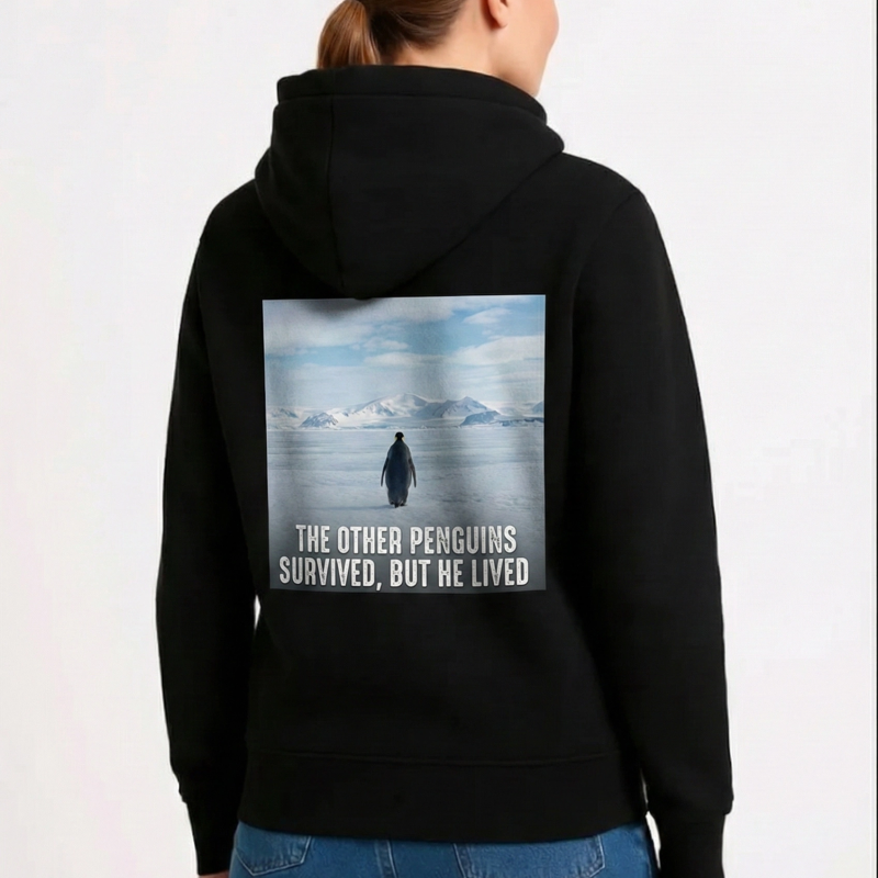 Kadın 3 İplik Pamuklu Kapüşonlu Hoodie Sweatshirt Survivor Penguen Baskılı - Siyah