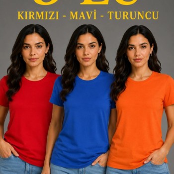 Kadın 3’lü Kısa Kollu Bisiklet Yaka Basic Slim Fit T-Shirt - Kırmızı - Mavi - Turuncu