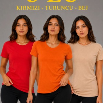 Kadın 3’lü Kısa Kollu Bisiklet Yaka Basic Slim Fit T-Shirt - Kırmızı - Turuncu - Bej