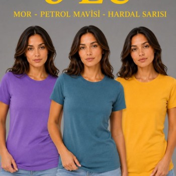 Kadın 3’lü Kısa Kollu Bisiklet Yaka Basic Slim Fit T-Shirt - Mor - Petrol Mavisi - Hardal