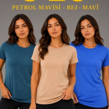 Kadın 3’lü Kısa Kollu Bisiklet Yaka Basic Slim Fit T-Shirt -Petrol Mavisi  - Bej - Mavi