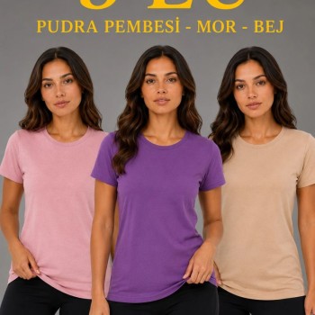 Kadın 3’lü Kısa Kollu Bisiklet Yaka Basic Slim Fit T-Shirt - Pudra Pembe - Mor - Bej
