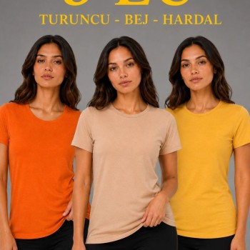 Kadın 3’lü Kısa Kollu Bisiklet Yaka Basic Slim Fit T-Shirt - Turuncu - Bej - Hardal