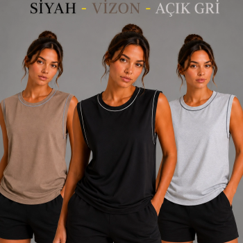 Kadın 3’lü Kolsuz Sporcu Atlet Seti Yazlık Bisiklet Yaka - Siyah, Kahverengi, Gri