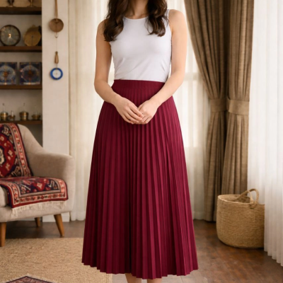 Kadın 90 Cm Saten Kumaş Pliseli Midi Etek Şık ve Zarif Tasarım - Bordo