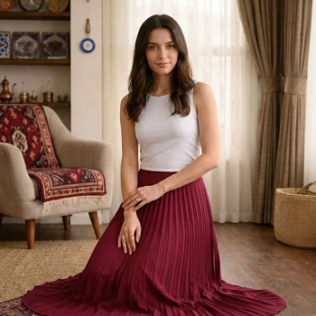 Kadın 90 Cm Saten Kumaş Pliseli Midi Etek Şık ve Zarif Tasarım - Bordo