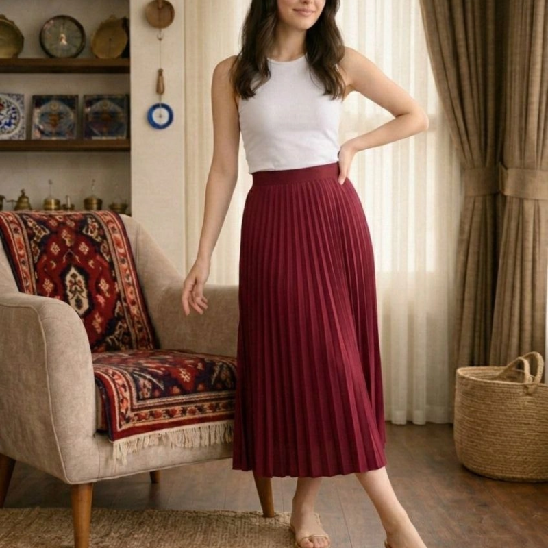 Kadın 90 Cm Saten Kumaş Pliseli Midi Etek Şık ve Zarif Tasarım - Bordo