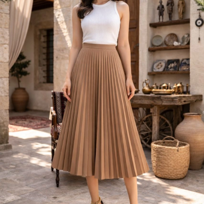 Kadın 90 Cm Saten Kumaş Pliseli Midi Etek Şık ve Zarif Tasarım - Kahverengi