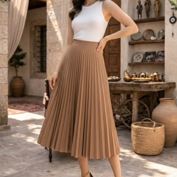 Kadın 90 Cm Saten Kumaş Pliseli Midi Etek Şık ve Zarif Tasarım - Kahverengi