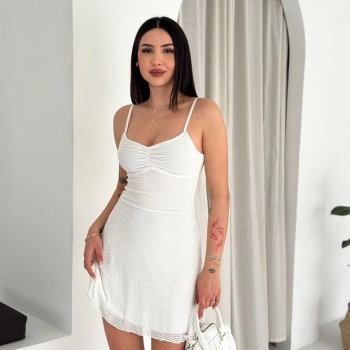 Kadın Askılı Mini Elbise Drapeli Göğüs Detay Likralı Yazlık Fit - Beyaz