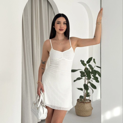 Kadın Askılı Mini Elbise Drapeli Göğüs Detay Likralı Yazlık Fit - Beyaz