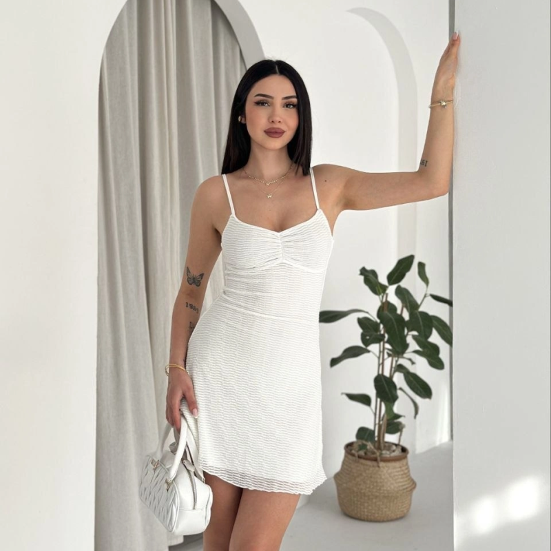Kadın Askılı Mini Elbise Drapeli Göğüs Detay Likralı Yazlık Fit - Beyaz