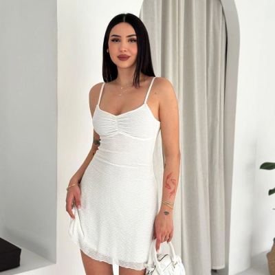 Kadın Askılı Mini Elbise Drapeli Göğüs Detay Likralı Yazlık Fit - Beyaz