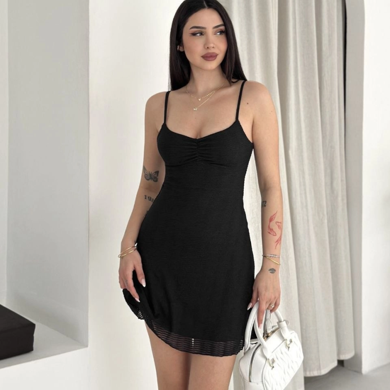 Kadın Askılı Mini Elbise Drapeli Göğüs Detay Likralı Yazlık Fit - Siyah