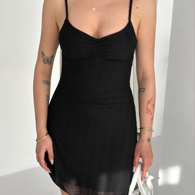 Kadın Askılı Mini Elbise Drapeli Göğüs Detay Likralı Yazlık Fit - Siyah