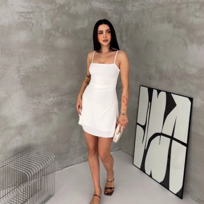 Kadın Askılı Şifon Mini Elbise Drapeli Bel Vücuda Oturan Yazlık Şık - Beyaz