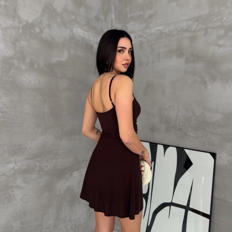 Kadın Askılı Şifon Mini Elbise Drapeli Bel Vücuda Oturan Yazlık Şık - Kahverengi