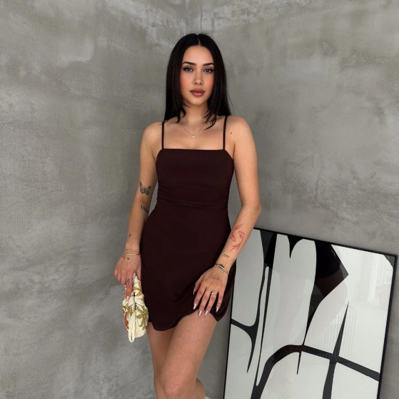 Kadın Askılı Şifon Mini Elbise Drapeli Bel Vücuda Oturan Yazlık Şık - Kahverengi