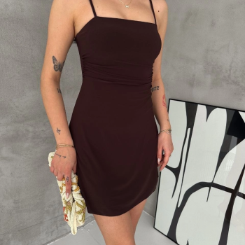 Kadın Askılı Şifon Mini Elbise Drapeli Bel Vücuda Oturan Yazlık Şık - Kahverengi