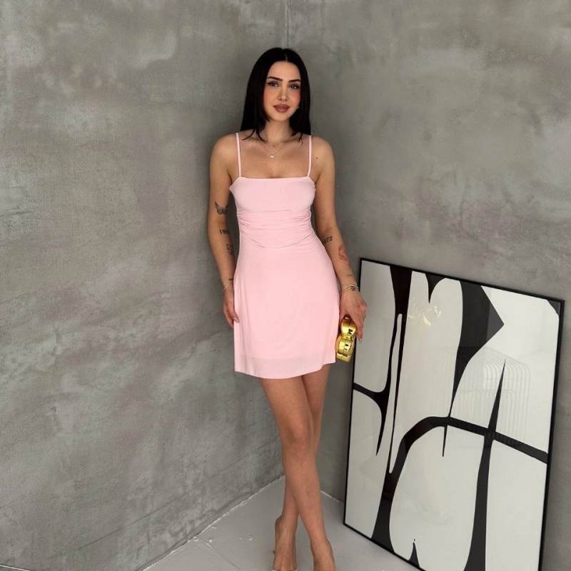 Kadın Askılı Şifon Mini Elbise Drapeli Bel Vücuda Oturan Yazlık Şık - Pembe