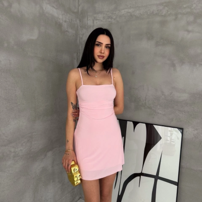 Kadın Askılı Şifon Mini Elbise Drapeli Bel Vücuda Oturan Yazlık Şık - Pembe