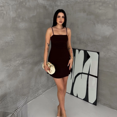 Kadın Askılı Şifon Mini Elbise Drapeli Bel Vücuda Oturan Yazlık Şık - Siyah