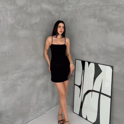 Kadın Askılı Şifon Mini Elbise Drapeli Bel Vücuda Oturan Yazlık Şık - Siyah