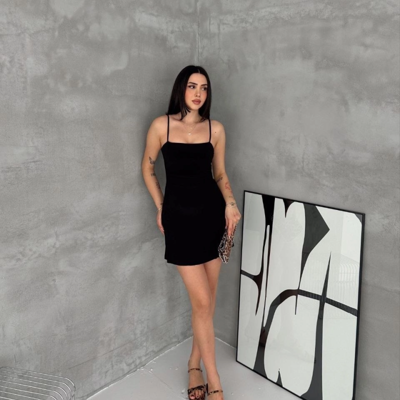 Kadın Askılı Şifon Mini Elbise Drapeli Bel Vücuda Oturan Yazlık Şık - Siyah