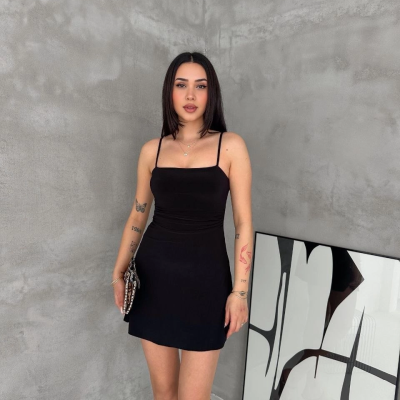 Kadın Askılı Şifon Mini Elbise Drapeli Bel Vücuda Oturan Yazlık Şık - Siyah