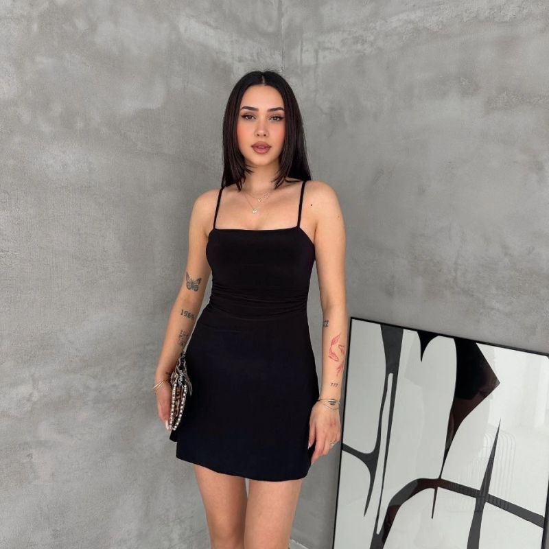 Kadın Askılı Şifon Mini Elbise Drapeli Bel Vücuda Oturan Yazlık Şık - Siyah