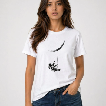 Kadın Astronot Ay Temalı Tişört Kısa Kol Yazlık Bisiklet Yaka T-Shirt - Beyaz Kadın Astronot Ay Temalı Tişört Kısa Kol Yazlık Bisiklet Yaka T-Shirt - Beyaz