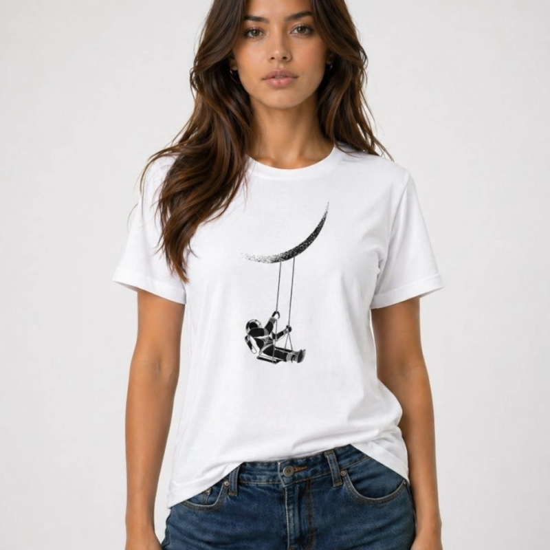Kadın Astronot Ay Temalı Tişört Kısa Kol Yazlık Bisiklet Yaka T-Shirt - Beyaz