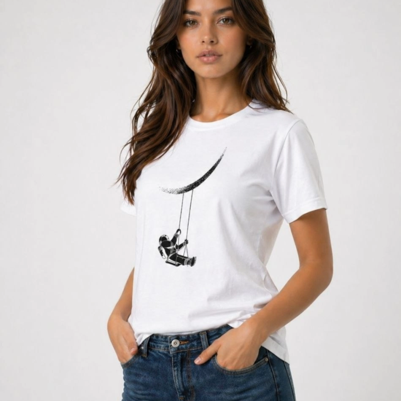 Kadın Astronot Ay Temalı Tişört Kısa Kol Yazlık Bisiklet Yaka T-Shirt - Beyaz