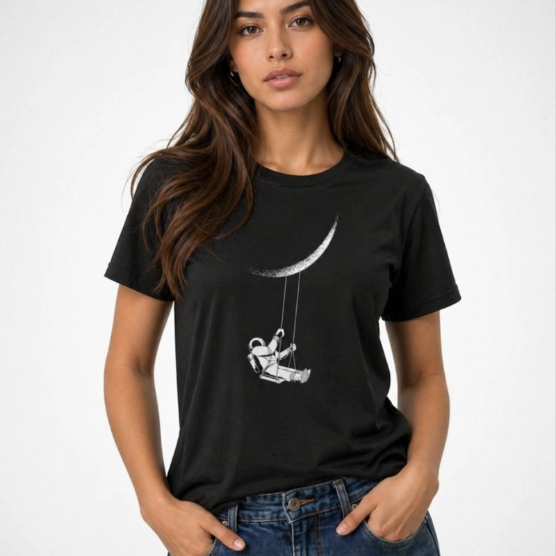 Kadın Astronot Ay Temalı Tişört Kısa Kol Yazlık Bisiklet Yaka T-Shirt - Siyah