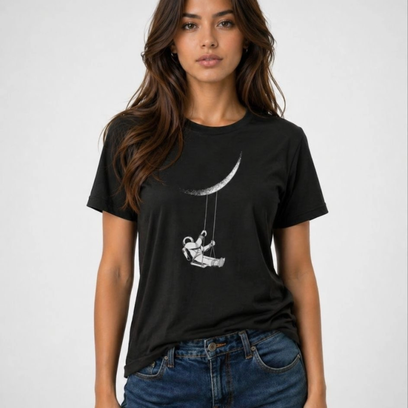 Kadın Astronot Ay Temalı Tişört Kısa Kol Yazlık Bisiklet Yaka T-Shirt - Siyah