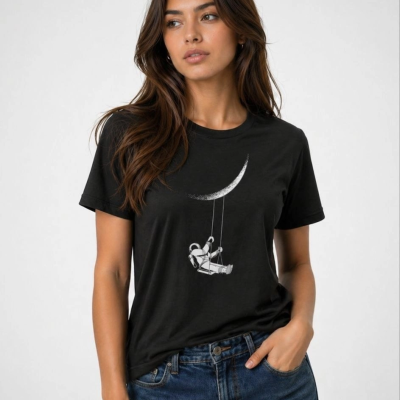 Kadın Astronot Ay Temalı Tişört Kısa Kol Yazlık Bisiklet Yaka T-Shirt - Siyah