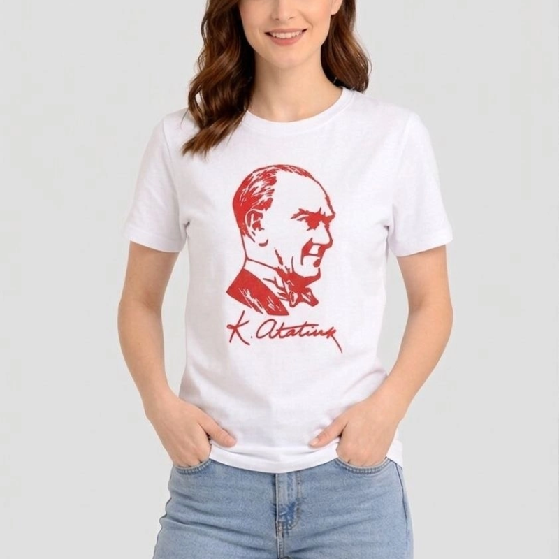 Kadın Atatürk Baskılı Tişört Kısa Kollu Bisiklet Yaka T-Shirt - Beyaz