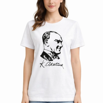 Kadın Atatürk Baskılı Tişört Kısa Kollu Bisiklet Yaka T-Shirt - Beyaz Kadın Atatürk Baskılı Tişört Kısa Kollu Bisiklet Yaka T-Shirt - Beyaz