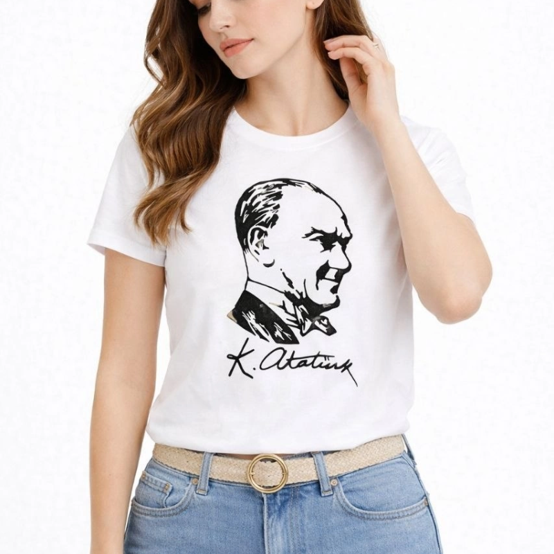 Kadın Atatürk Baskılı Tişört Kısa Kollu Bisiklet Yaka T-Shirt - Beyaz
