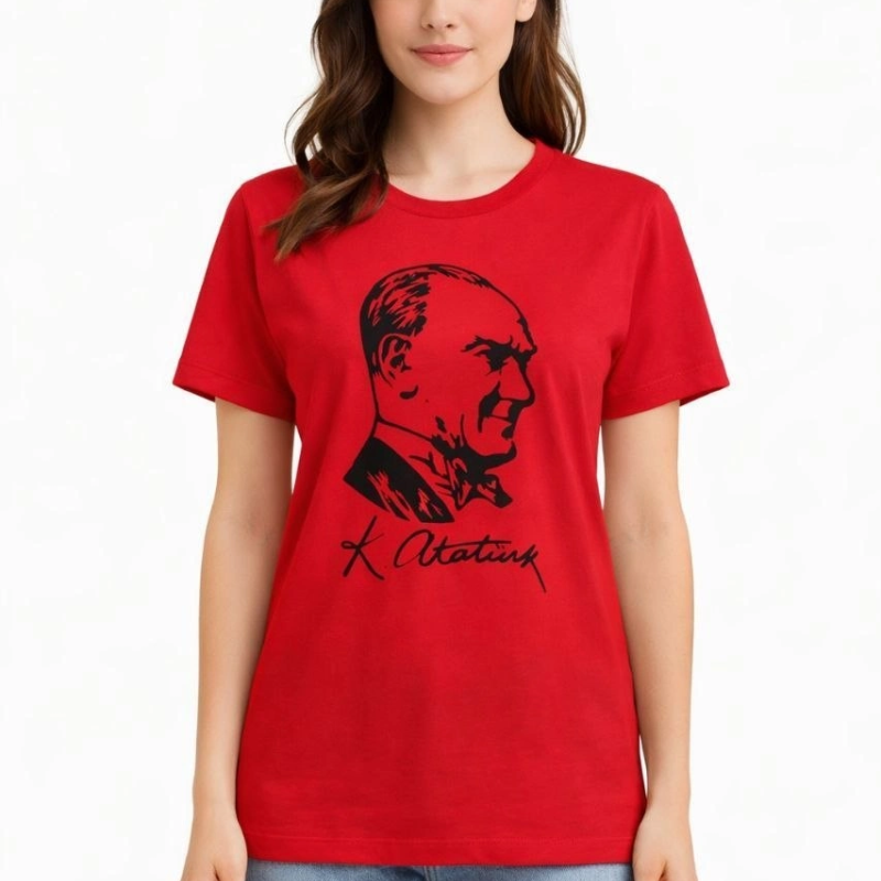 Kadın Atatürk Baskılı Tişört Kısa Kollu Bisiklet Yaka T-Shirt - Kırmızı