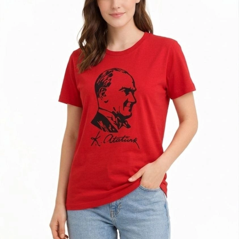 Kadın Atatürk Baskılı Tişört Kısa Kollu Bisiklet Yaka T-Shirt - Kırmızı