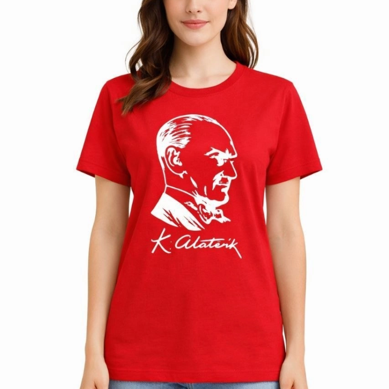 Kadın Atatürk Baskılı Tişört Kısa Kollu Bisiklet Yaka T-Shirt - Kırmızı